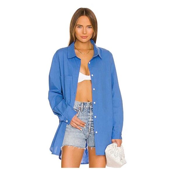 SNDYS Everyday Revolve Cotton Leo Oversized Button Up Shirt size 8 US Blue EUC - Picture 1 of 11